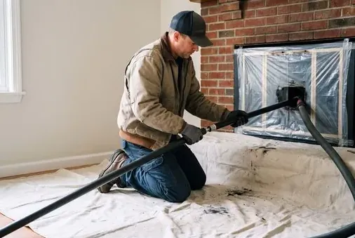 Fireplace sealed with plastic and drop cloths during cleaning