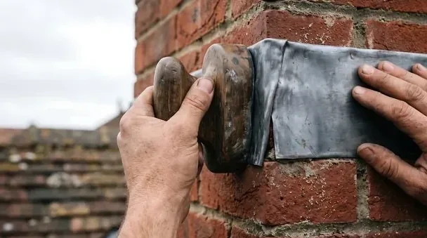 Flashing pressed where a chimney meets a Burbank roof
