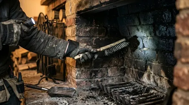 Brick firebox being brushed out during restoration in a Storybook-style home