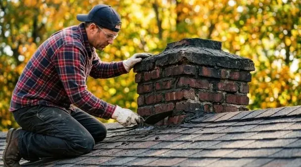 Mason kneeling on a Burbank roof repairing the weathered top of an older brick chimney